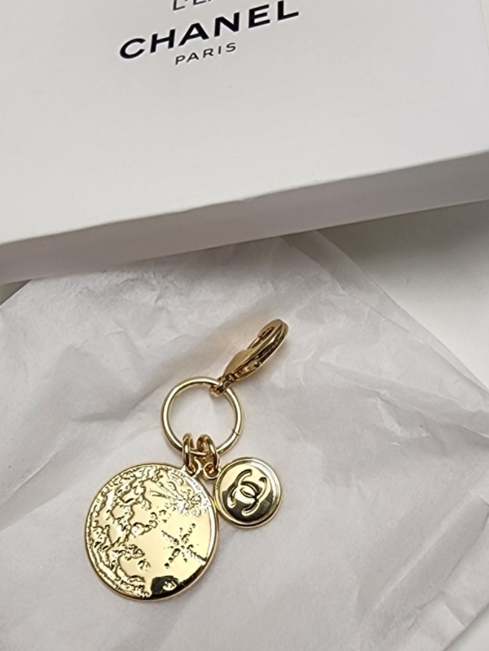 CHANEL Gold Coin and CC Charm Keyring Christmas Moon Holiday Novelty Limited Ed.